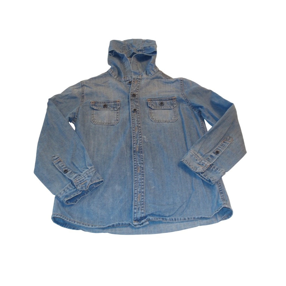 RUUM Denim Shirt Jacket Hooded Button Up Pockets Light‎ Wash Size S 7/8, #5193